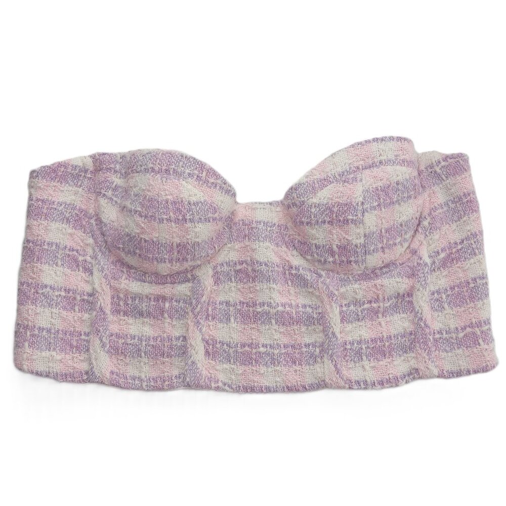 ZARA Women's Bustier Crop Top Size Medium Pink Purple Tweed Sweetheart Neckline